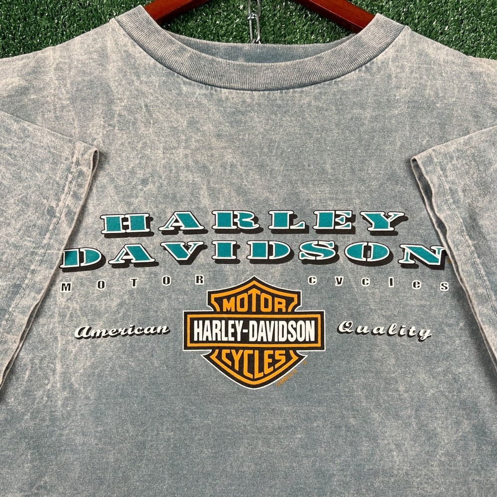 VTG Harley-Davidson T-Shirt Mens L Acid Blue Mid Ohio Springfield Graphic Y2K